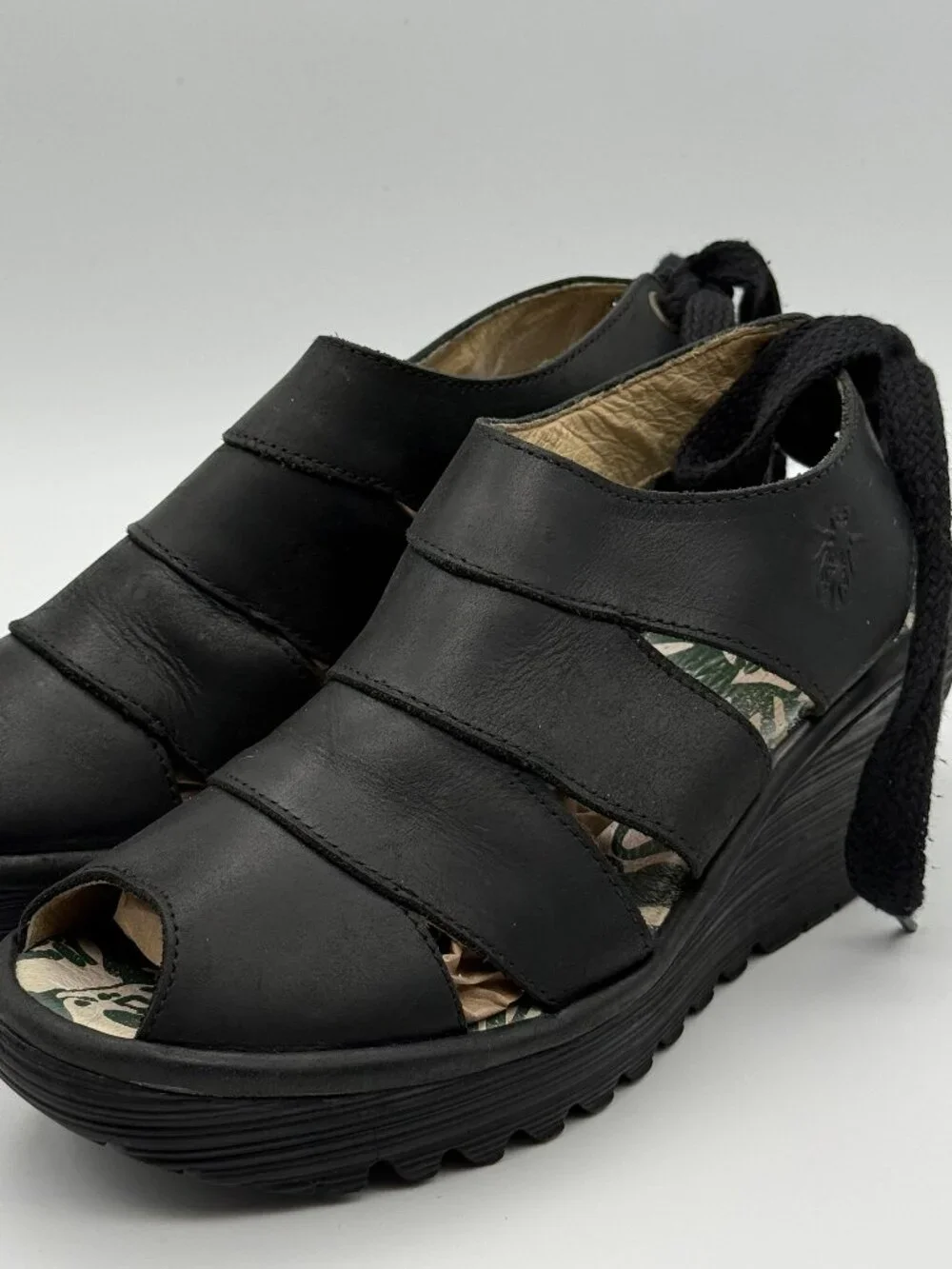 Fly London Yown Black Leather Lace Up Wedge Sandals Size 38